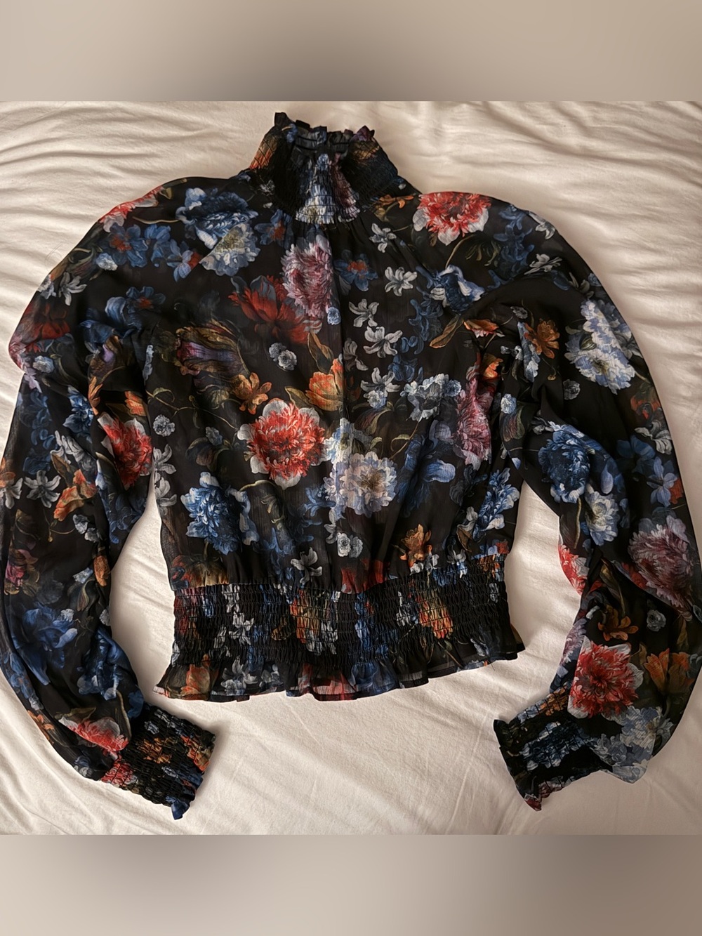 H&M Black Sheer Floral High Neck Long Sleeve Vintage Retro Style Floral Blouse 4